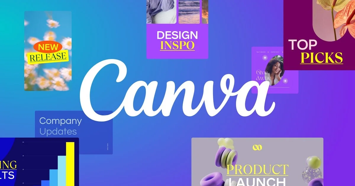 Canva homepage graphic showcasing design templates for marketing, social media, and product launches.