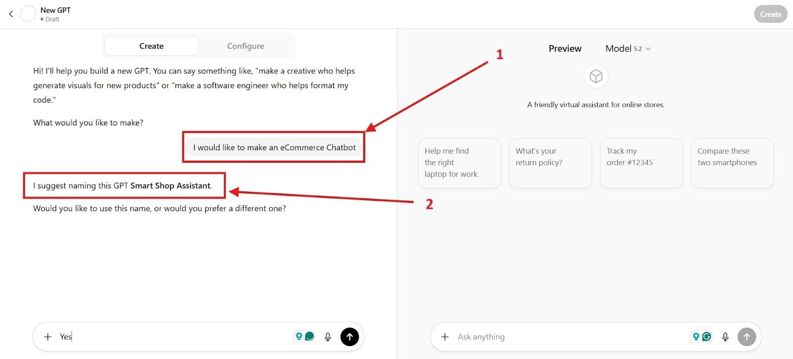 GPT Builder showing a prompt to create an eCommerce chatbot and a suggested name highlighted.