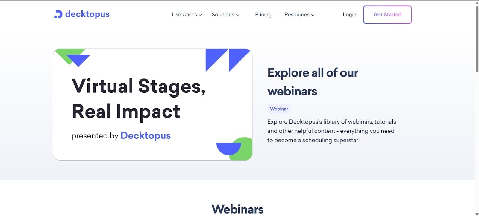 Image shows you the webinar section of the Decktopus website. 